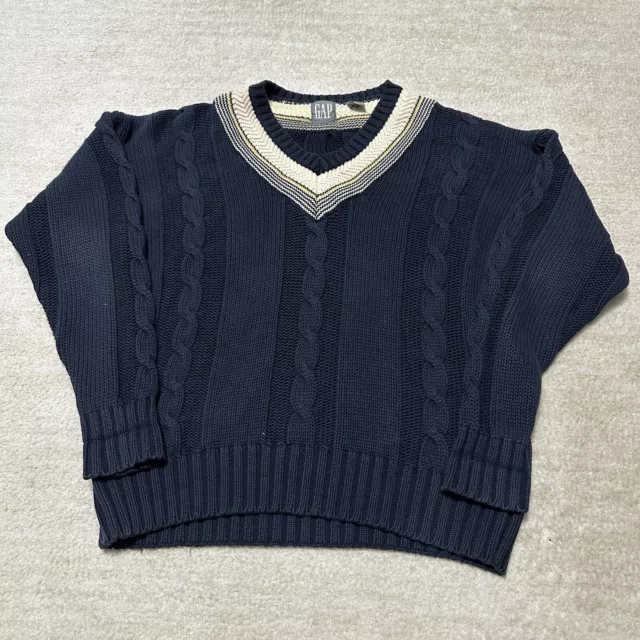 Vintage GAP Sz M Preppy Cable Knit Pullover Cricket Sweater Chunky Blue Beige