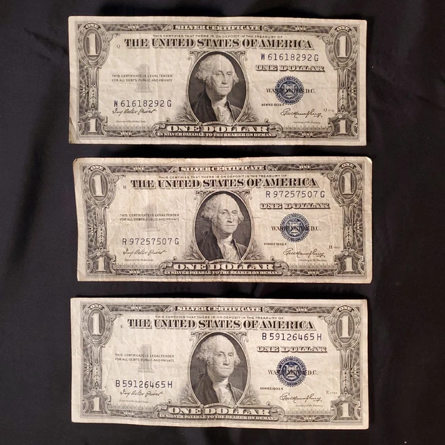 3 Series 1935 E One Dollar Bill Silver Certificate Blue Seal