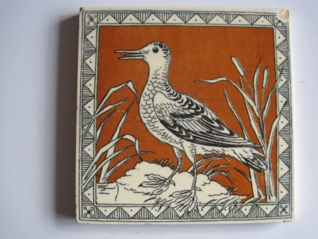 Antique Victorian Minton Hollins 6" Birds Tile- Wading Bird In Bullrushes C1880