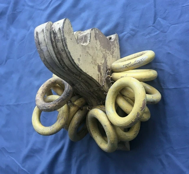 Pr Vtg Curtain Rod Drapery Brackets Rings Holders Wood Shabby Yellow Chic  1-20J