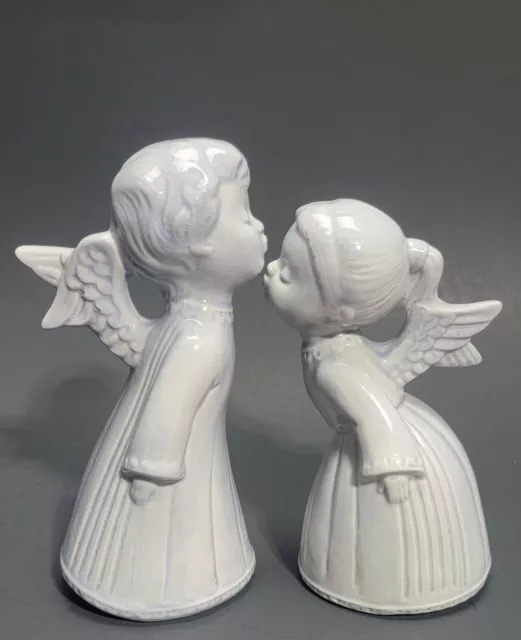 Porcelain Kissing Angel Figurines Cream  With Pale Blue Tinting Boy & Girl