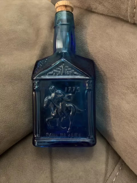 1 Blue Glass Paul Revere 1775 Pancake Syrup Bottle 16oz. Wheaton NJ (empty)