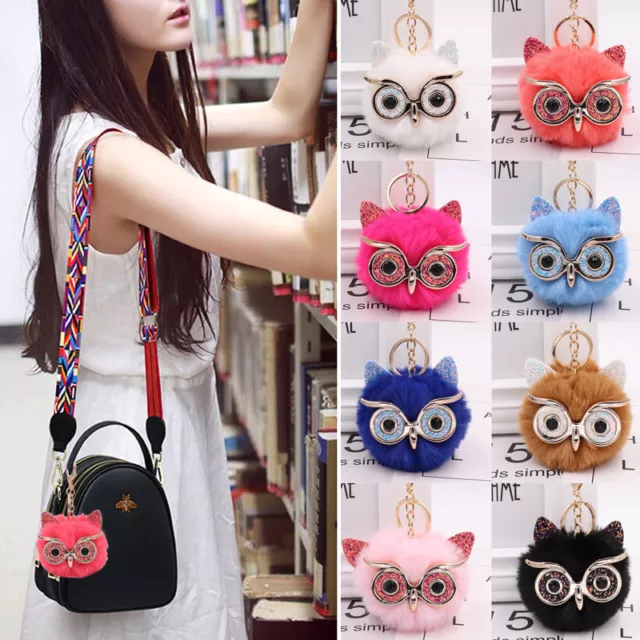 Cute Big Eyes Owl Keychain Faux Fur Fluffy Ball Sequins Keyring Bag Hanging Gift