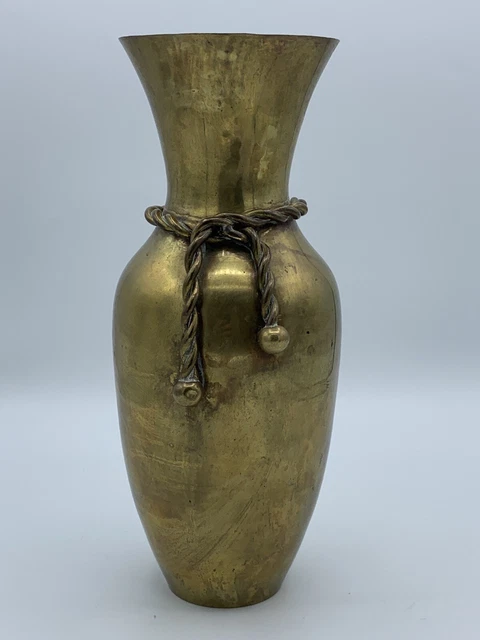 Vintage 9 1/2” Brass Bud Vase with Braided Rope Tie Tassel Design