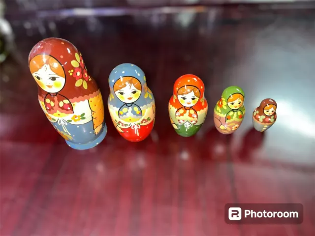 Unique Rare Collection of 5 Russian Nesting Dolls Hand painted Vintage