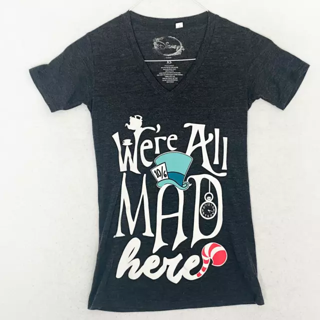 Disney T-Shirt Women's Alice In Wonderland V-Neck We're All Mad Here Size XS