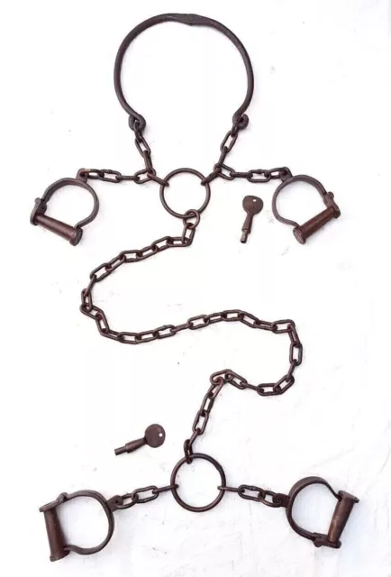 Lock With 2 Key Vintage Antique Iron Handcrafted Rare Neck Leg & Hand Handcuffs