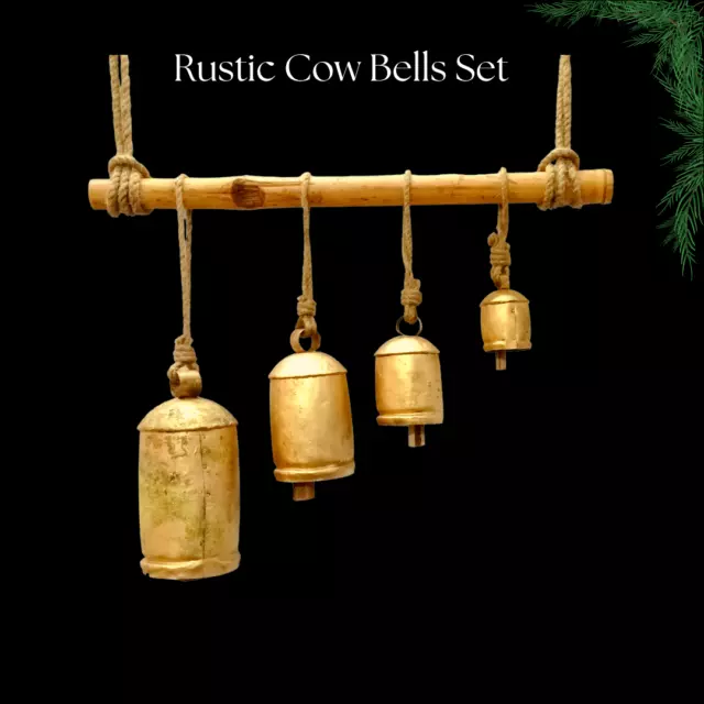 Handmade Rustic Metal Vintage Cow Bells on Rope Wall Hanging & Christmas Décor