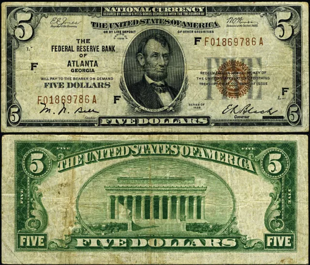 FR. 1850 F $5 1929 Federal Reserve Bank Note Atlanta F-A Block Great Deals From