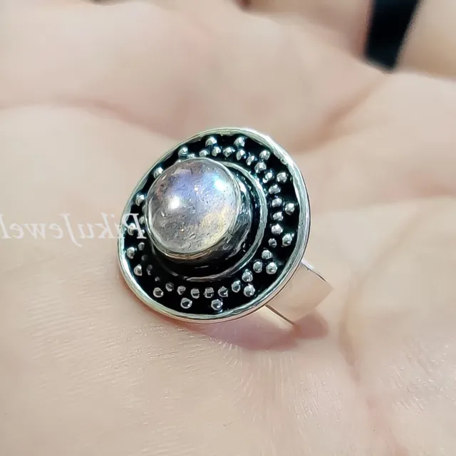 Blue Fire Labradorite Ring 925 Sterling Silver Round Gemstone Unisex Jewelry/698