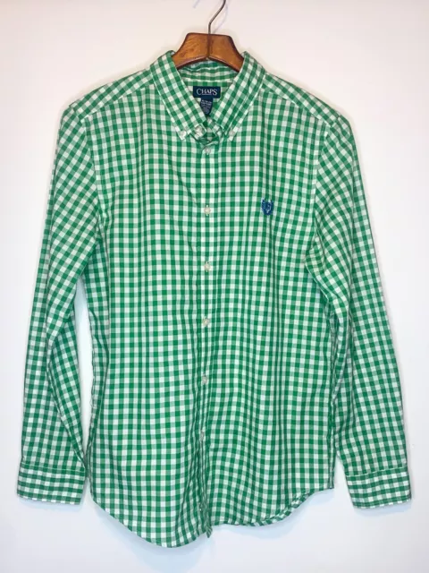 Youth Chaps XL 18-20 Oxford Button Down Collar Shirt Green White Plaid Christmas