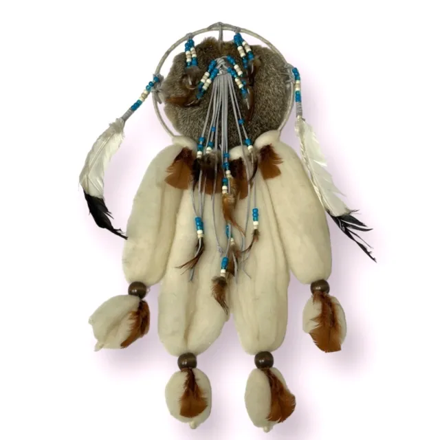 Vtg Native American Indian Dream Catcher Mandala Fur Wool Beads Leather 9" ring