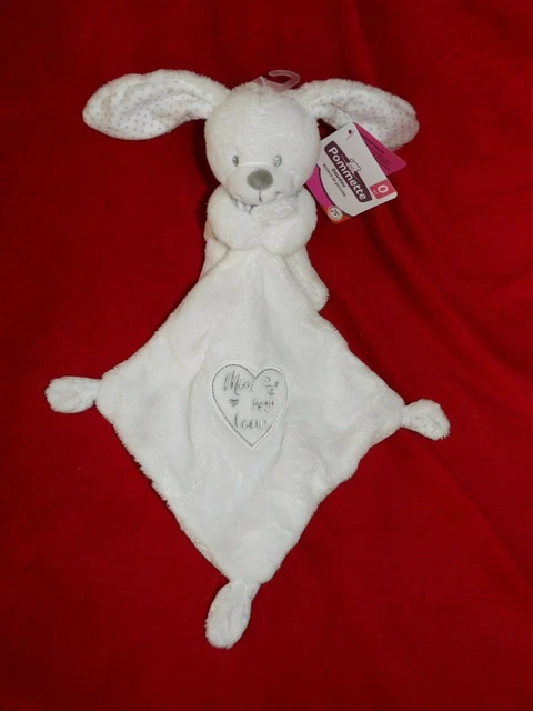 Doudou Lapin Pommette Blanc Pois Gris Mouchoir Brode Mon Petit Coeur Neuf