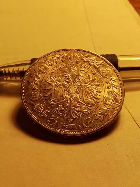 1909 Austria 5 Corona Franz Joseph Almost Uncirculated. Large Silver Coin. Nice!