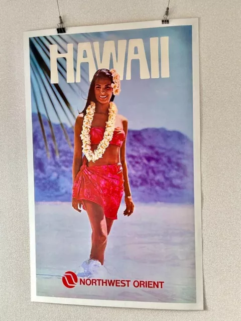 Hawaii Northwest Orient airlines Vintage Original Poster 70's Linen backing Used