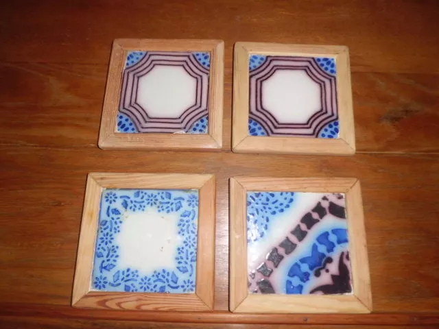 Antique Vintage Pas de Calais French tiles bottle coaster set of 4