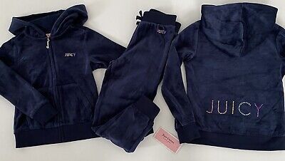 NWT, Girls Navy Juicy Couture Velour Set, Hoodie + Jogger Pants. Size 6