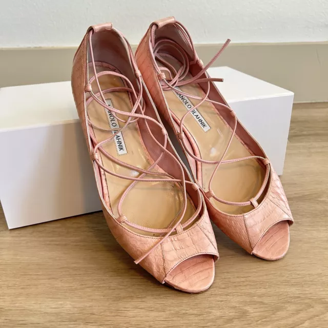 MANOLO BLAHNIK Aneska Pink Snakeskin Lace Up Open Toe Flats, Size 38 / US 7.5 -8