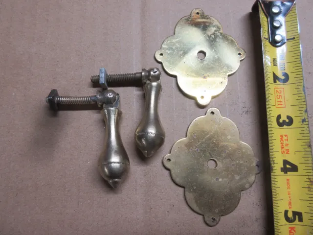 2 vintage teardrop drawer drop down pull handles solid brass & back plates