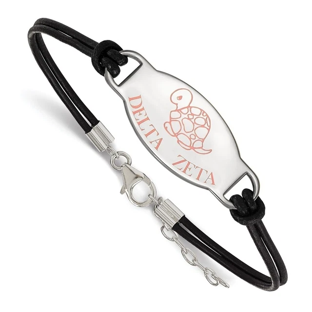 Sterling Silver Delta Zeta Enamel Black Leather Bracelet - 7 In.