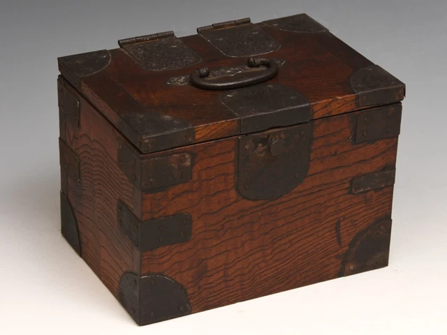Antiques Late Edo Period Keyaki Wood Coin box Safe W18.2 × D13 × H13.2cm