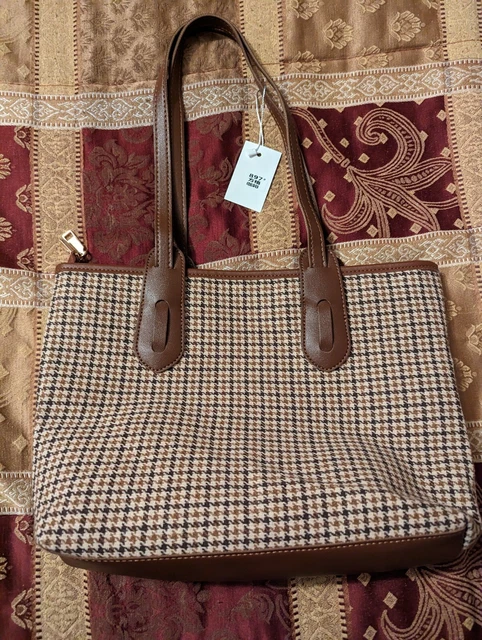 Leather & Straw Tote Bag Shoulder Purse Houndstooth  Tan