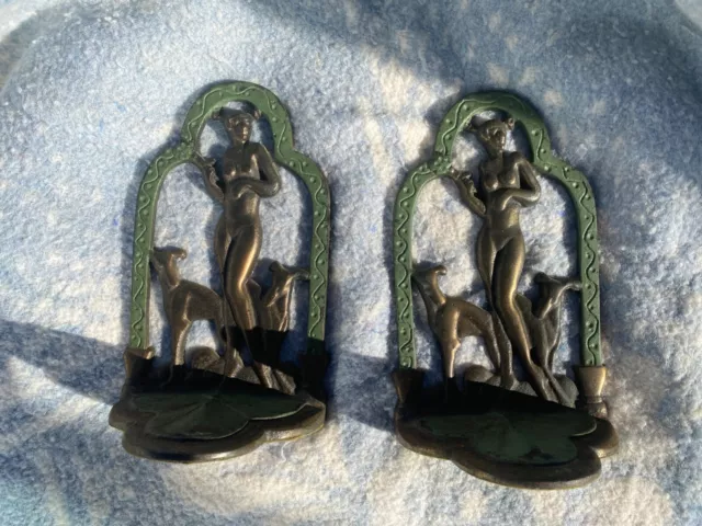 Orig Old Art Deco Nude Beauty Greyhounds Decorative Art Bookend Cast Iron Brass