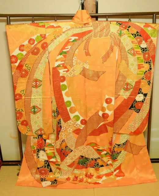 Furisode Silk Kimono Women Japanese Vintage Robe Flower 159cm /775