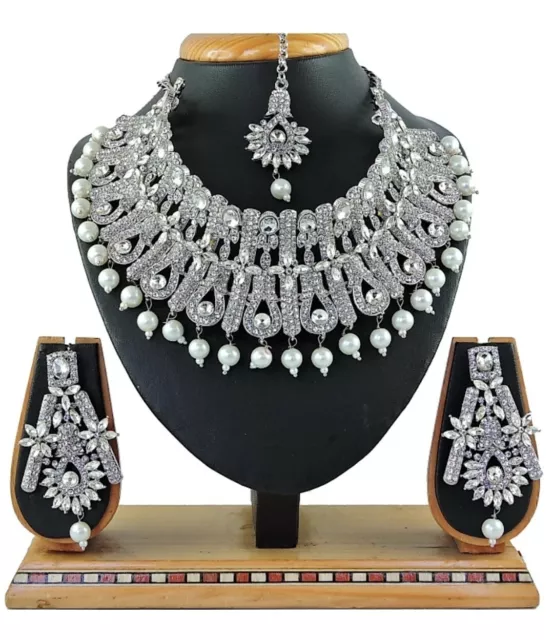 White Pearl Stud Indian Sliver Plated Wedding Jewelry Necklace Earrings Mang Set
