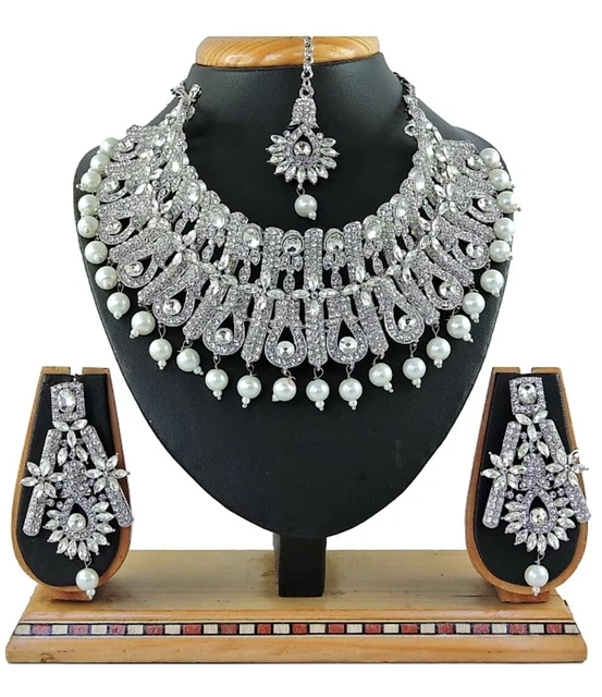 White Pearl Stud Indian Sliver Plated Wedding Jewelry Necklace Earrings Mang Set
