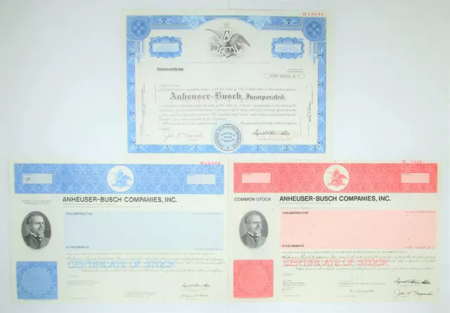 MO. Anheuser-Busch, Inc., 1976-89, Specimen Stock Certificate Trio.