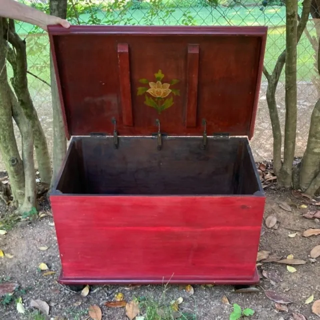 Vintage Red Wooden Trunk Chest Storage Bin Solid Piece