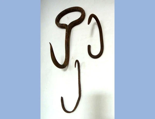 LOT antique 3pc HAY /MEAT HOOKS hand wrought iron AMISH FARM folky,butcher tool