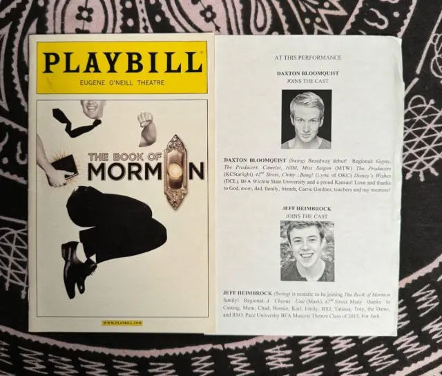 The Book of Mormon - Broadway Playbill and cast sheet 2013