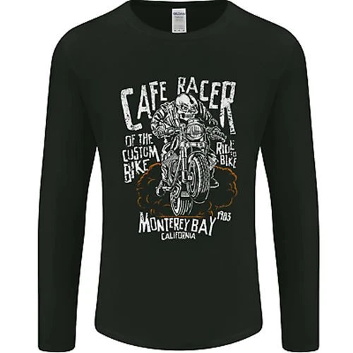 Cafe Racer Teschio Motociclista Moto da Uomo Manica Lunga T-Shirt