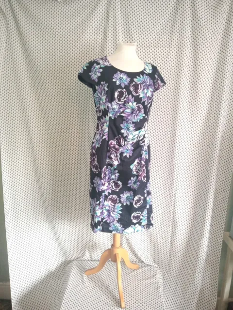 Precis Petite Navy Lilac White Blue Floral Lined Pencil Dress Size 14 Lovely Con