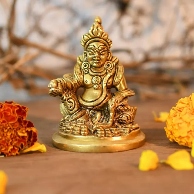 Brass Lord Kuber God of Wealth Statue Idol Figurine 3" x 2" x 2"- Golden