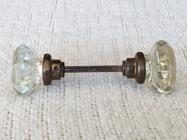 Vintage Pair of 8-Point Clear Crystal Glass & Brass Door Knobs on Spindle