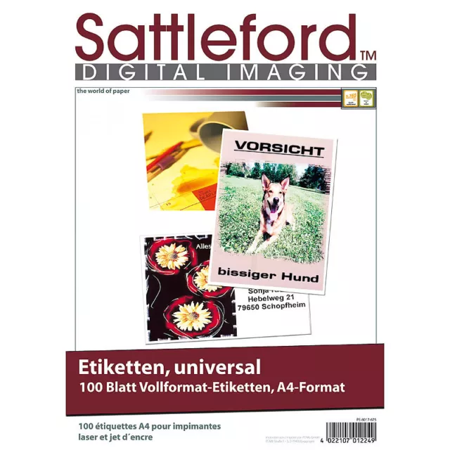 Sattleford Etikettenpapier: 100 Etiketten A4 210x297 mm für Laser/Inkjet
