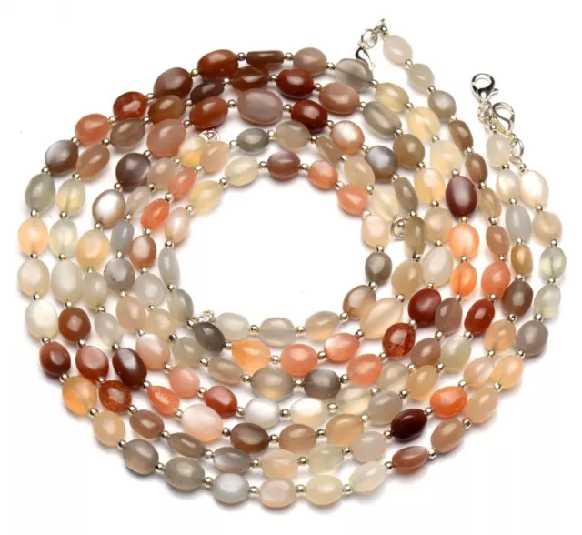 Natural Multi Color Moonstone Gem 9x7 to 10x8mm Oval Nugget Beads Necklace 23"