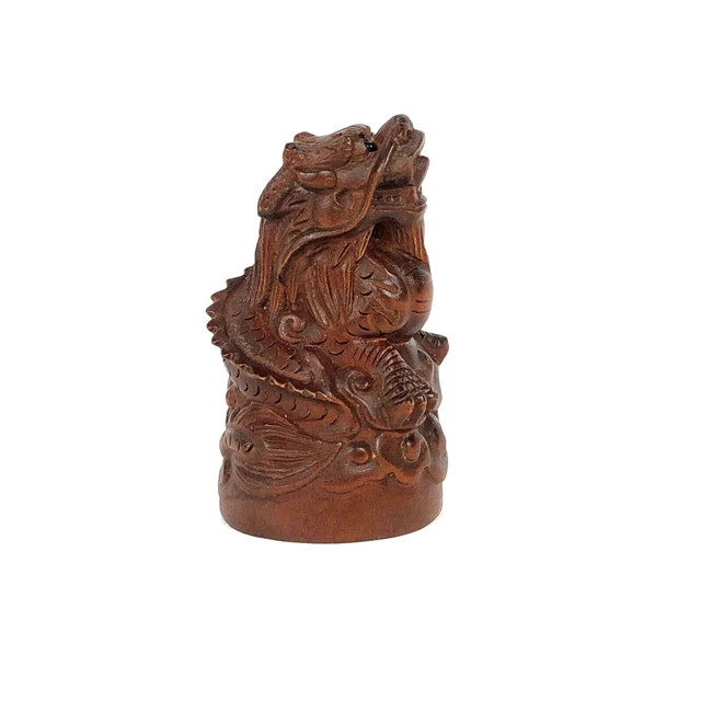 Japanese Wooden Boxwood Netsuke Hand Carved Horned Dragon w Glass Eyes NOS 2.25"