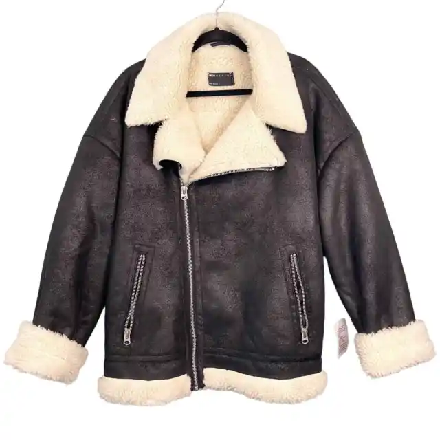 ASOS DESIGN Men's Black and Cream Faux Fur Shearling Aviator Jacket Size XL NWT