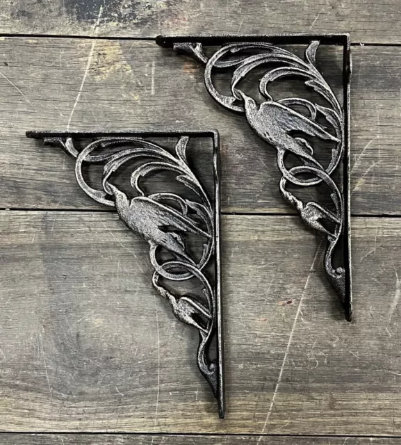 Cast Iron Pair of Vintage-Style Bird w/ Vines Shelf Brackets, 10"×6.5”