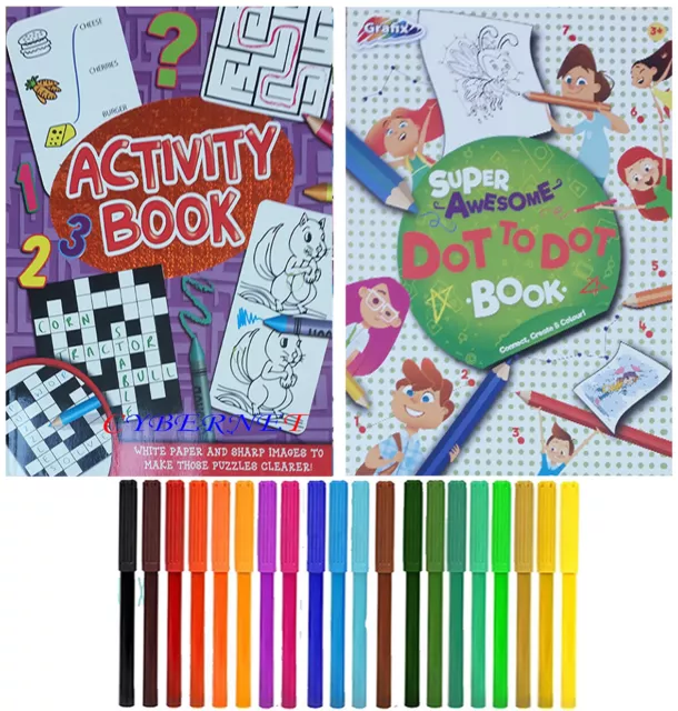 KIDS CHILDREN A4 Activity Colouring Book Books Dot To Dot 20 Felt Tip Pens