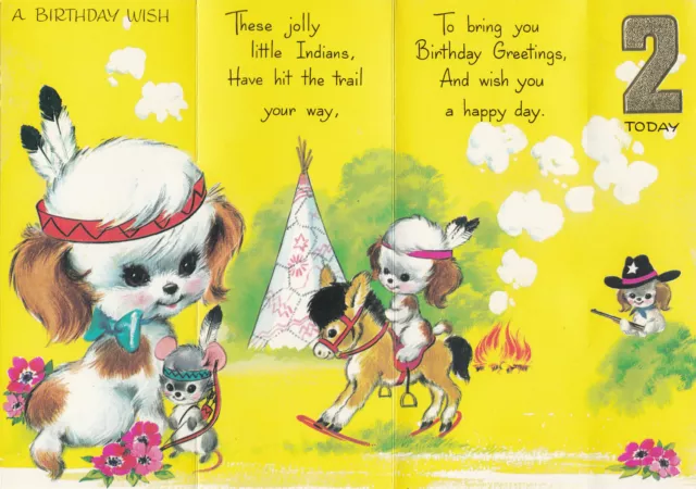 2nd Happy Birthday 2 Years Old Boys Girls Vintage Greeting Card Cowboy Dogs