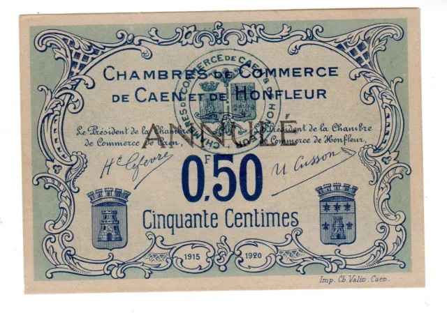CHAMBRE COMMERCE HONFLEUR CAEN 50 CENTIMES 1915 1920 NECESSSITE Annulé NEUF UNC.
