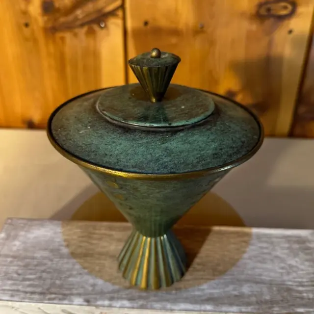 Vintage Brass Pedestal Candy Dish Urn W/ Lid Beautiful Ornate Painted/Glazed
