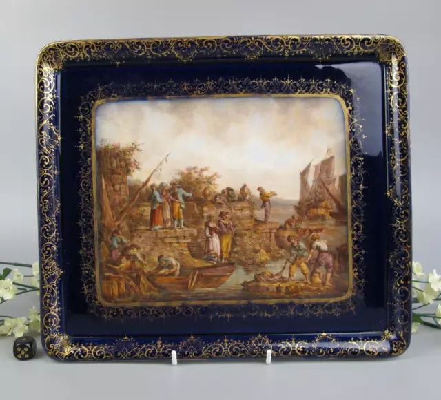 Dresden Porcelain Tray Plate. Hand painted w/Port Scenes. 19THC antique. 12.25"