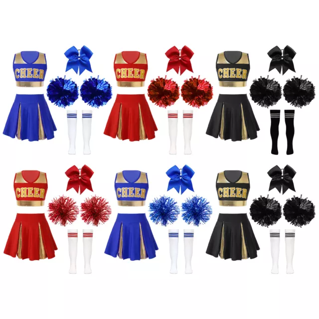 Deguisement Pompom Girl Enfant Uniforme avec Pompoms Couvre-chefs et Chaussettes