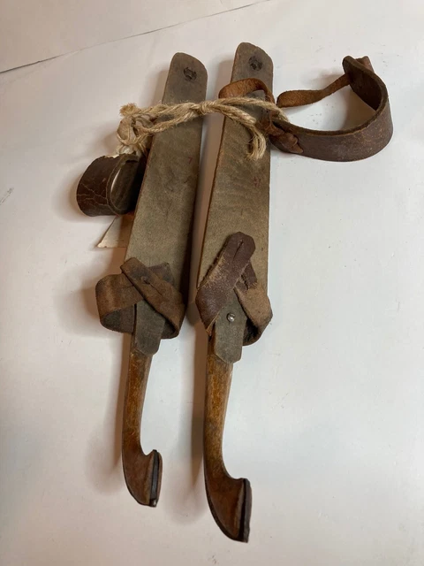 Antique 19th Century Wood~Leather~Iron Ice Skates. Primitive Christmas Decor